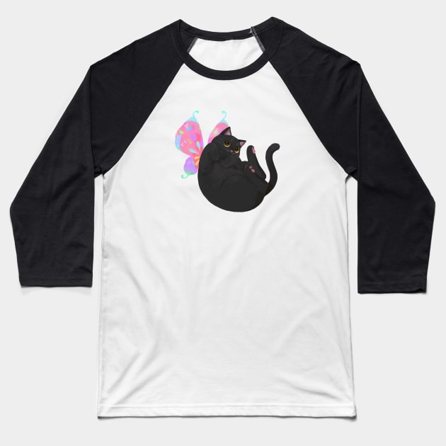 Curled Up Fairy Cat (black cat) Baseball T-Shirt by You Miichi